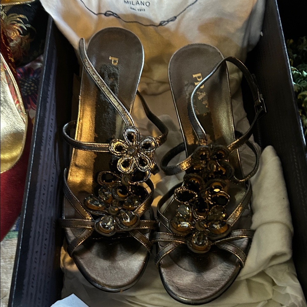 Prada Women's Metallic Gold Embellished Heels size 7
